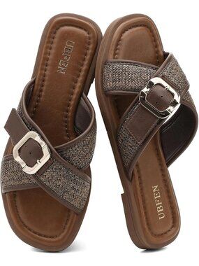 Women's Dark Brown Square Toe Flat Sandals Slides Dressy Comfortable for Beach